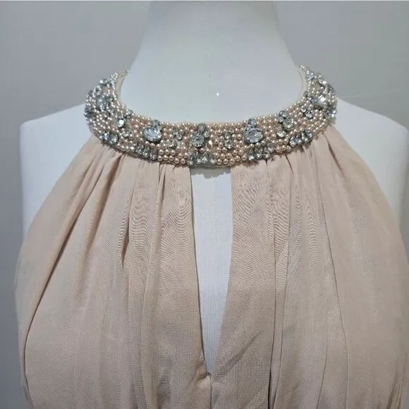 Eliza J Embellished Tiered Chiffon Halter Gown Dress NWT Sz 10 Champagne